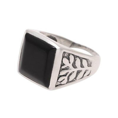 Alternate image for 925 Sterling Silver and Onyx Mens Ring with Leaf Motifs Mystical Leaves
