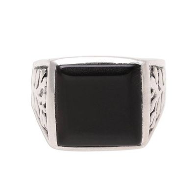 Alternate image for 925 Sterling Silver and Onyx Mens Ring with Leaf Motifs Mystical Leaves