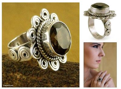 Primary image for Sterling Silver and Smoky Quartz Floral Cocktail Ring Dusky Sunflower