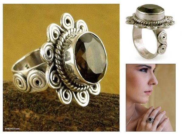 Alternate image for Sterling Silver and Smoky Quartz Floral Cocktail Ring Dusky Sunflower