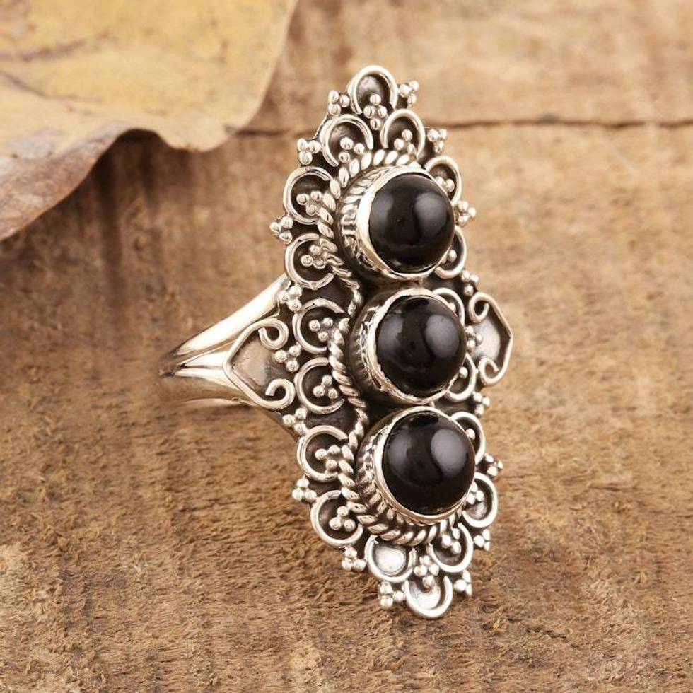 Ornate Three-Stone Onyx Cocktail Ring 'Vintage Vogue'