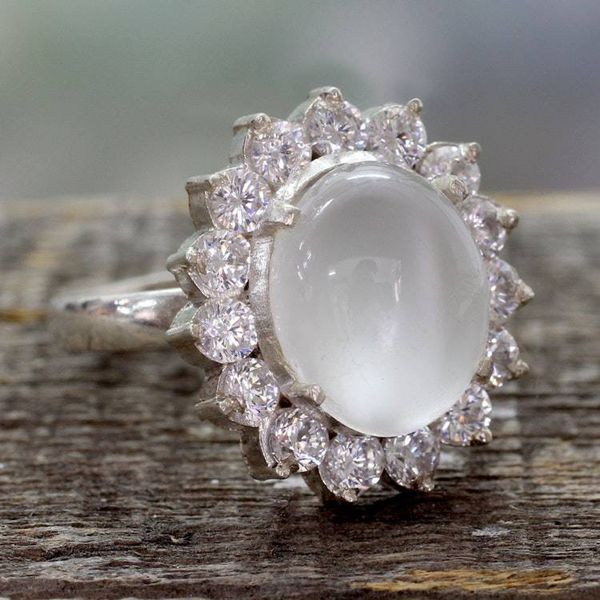 Alternate image for Moonstone and Cubic Zirconia Sterilng Silver Cocktail Ring Dazzle
