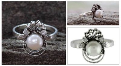 Primary image for Sterling Silver Cocktail Ring with Pearl Bridal Jewelry Bridal Bouquet