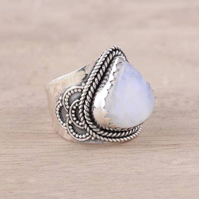 Primary image for Teardrop Rainbow Moonstone and Sterling Silver Cocktail Ring Gorgeous Glacier