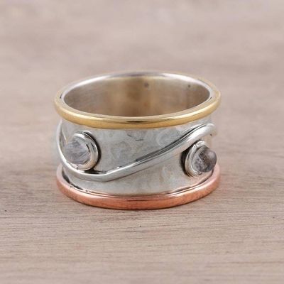 Primary image for Mixed Metals and Rainbow Moonstone Hammered Band Ring Sparkling Union