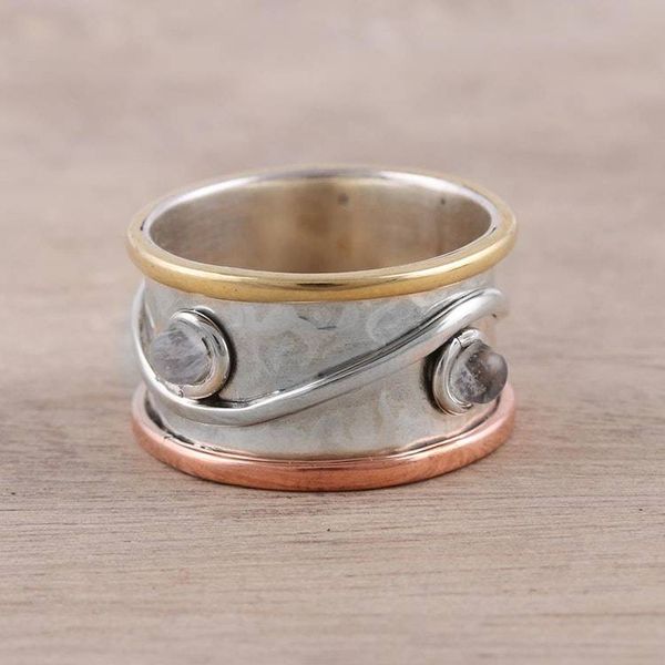 Alternate image for Mixed Metals and Rainbow Moonstone Hammered Band Ring Sparkling Union