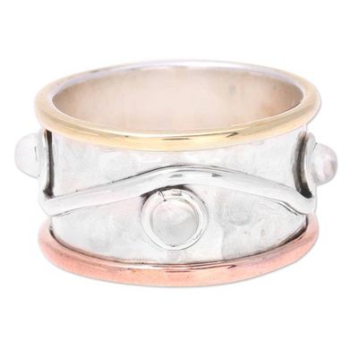 Alternate image for Mixed Metals and Rainbow Moonstone Hammered Band Ring Sparkling Union