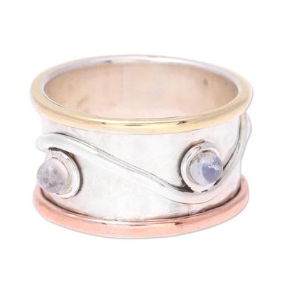 Alternate image for Mixed Metals and Rainbow Moonstone Hammered Band Ring Sparkling Union