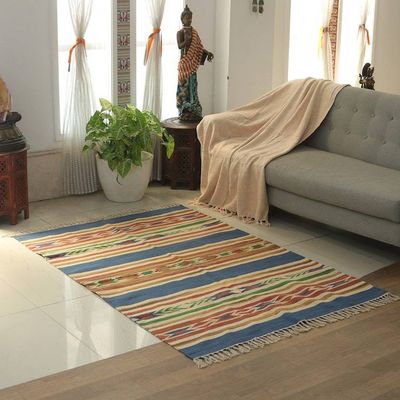 Alternate image for Hand-Woven Geometric Cotton Dhurrie Rug with Fringes 4x6 Fabulous Fusion
