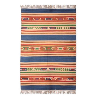 Alternate image for Hand-Woven Geometric Cotton Dhurrie Rug with Fringes 4x6 Fabulous Fusion