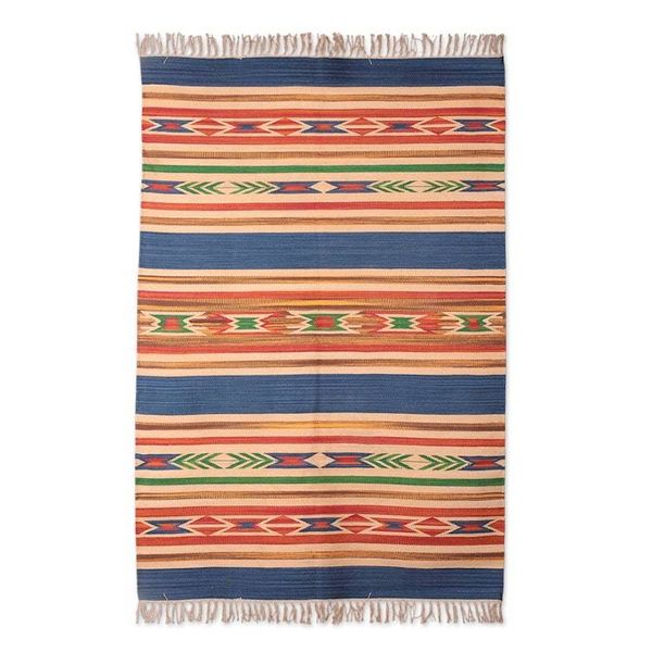 Alternate image for Hand-Woven Geometric Cotton Dhurrie Rug with Fringes 4x6 Fabulous Fusion