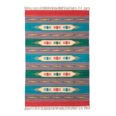 Alternate image for Colorful Handwoven Geometric Cotton Dhurrie Area Rug 4x6 Blue Waves