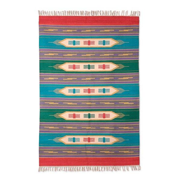 Alternate image for Colorful Handwoven Geometric Cotton Dhurrie Area Rug 4x6 Blue Waves