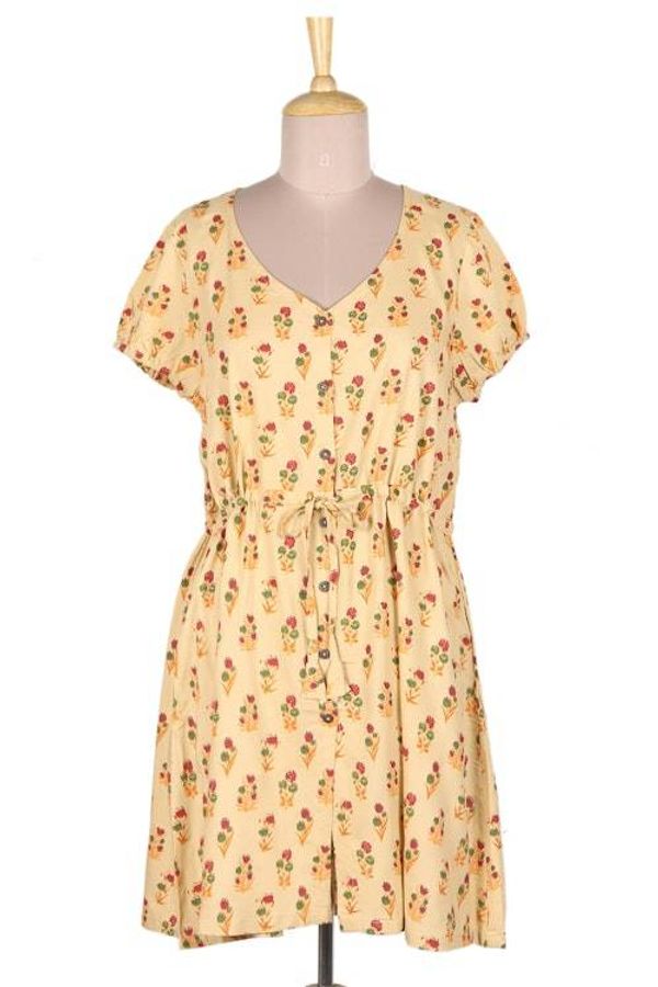 Alternate image for Beige Rayon Tunic-Style Dress with Floral Print and Buttons Blooming Spring