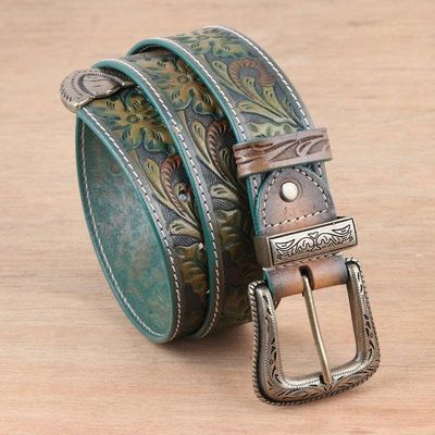 Primary image for Antiqued Leaf-Themed Embossed Leather and Brass Alloy Belt Vintage Flair