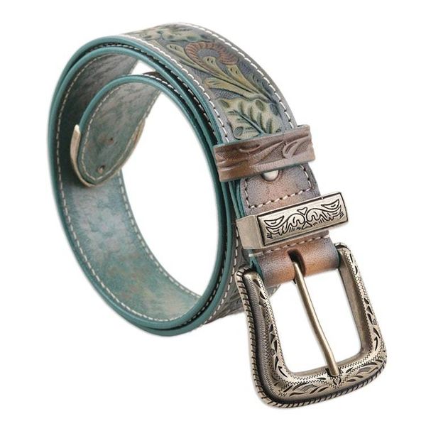 Alternate image for Antiqued Leaf-Themed Embossed Leather and Brass Alloy Belt Vintage Flair