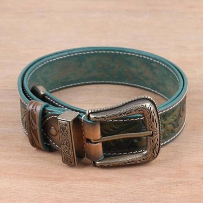 Alternate image for Antiqued Leaf-Themed Embossed Leather and Brass Alloy Belt Vintage Flair