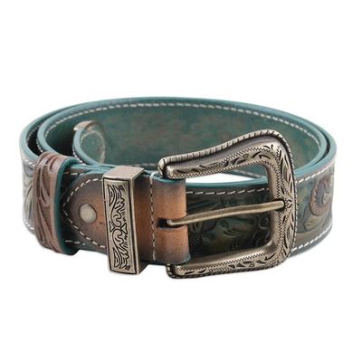 Alternate image for Antiqued Leaf-Themed Embossed Leather and Brass Alloy Belt Vintage Flair