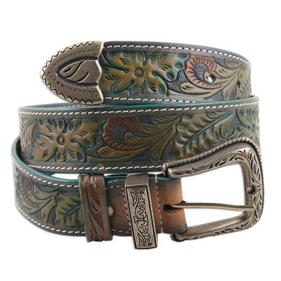 Alternate image for Antiqued Leaf-Themed Embossed Leather and Brass Alloy Belt Vintage Flair