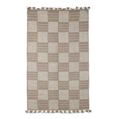 Alternate image for Indian Wool Area Rug with Checkered Pattern in Grey 3x5 Modern Grey