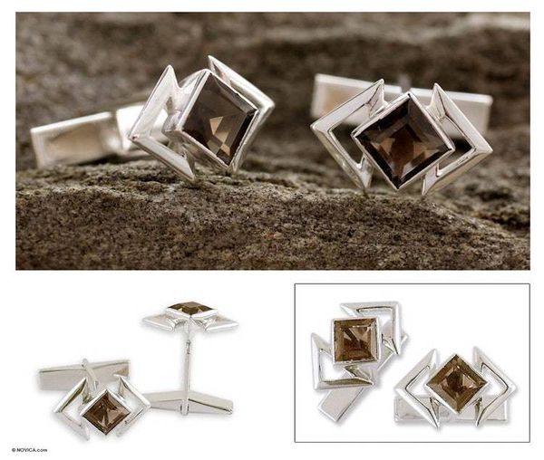 Alternate image for Handcrafted Sterling Silver Smoky Quartz Cufflinks Aura
