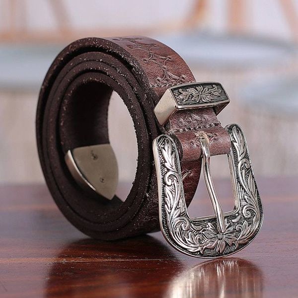 Alternate image for Classic Star-Themed Chocolate Leather Belt with Brass Buckle Chocolate  Classic