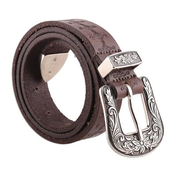 Alternate image for Classic Star-Themed Chocolate Leather Belt with Brass Buckle Chocolate  Classic