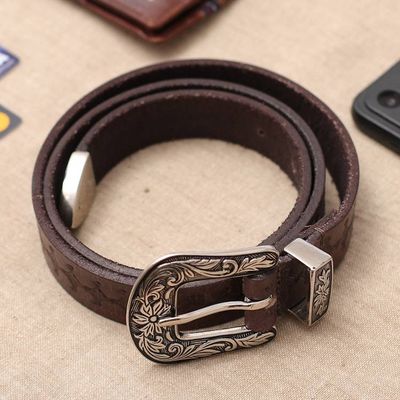 Alternate image for Classic Star-Themed Chocolate Leather Belt with Brass Buckle Chocolate  Classic