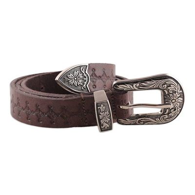 Alternate image for Classic Star-Themed Chocolate Leather Belt with Brass Buckle Chocolate  Classic