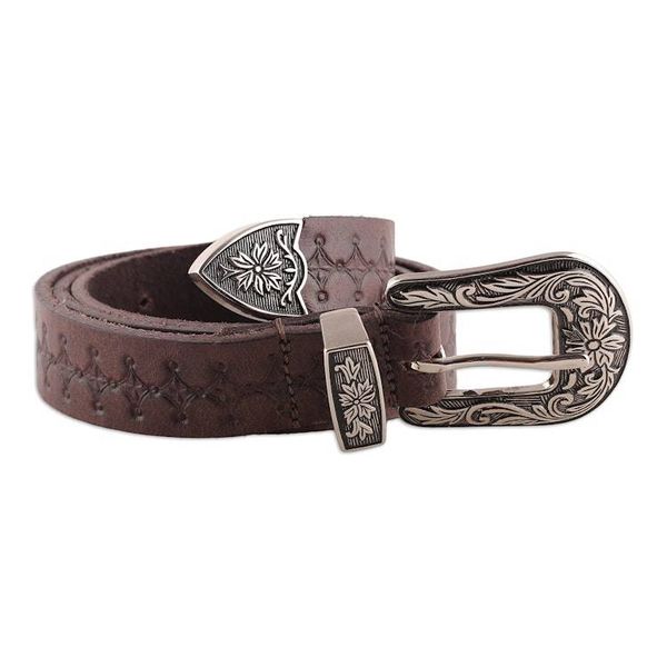 Alternate image for Classic Star-Themed Chocolate Leather Belt with Brass Buckle Chocolate  Classic