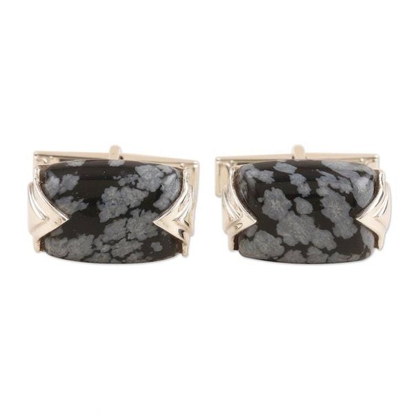 Alternate image for Mens Sterling Silver and Snowflake Obsidian Cufflinks Snowflake Elegance