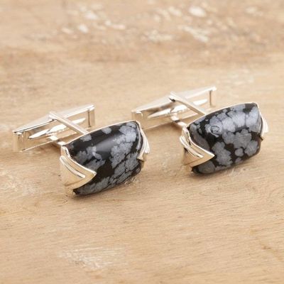 Alternate image for Mens Sterling Silver and Snowflake Obsidian Cufflinks Snowflake Elegance