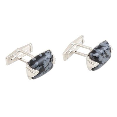 Alternate image for Mens Sterling Silver and Snowflake Obsidian Cufflinks Snowflake Elegance