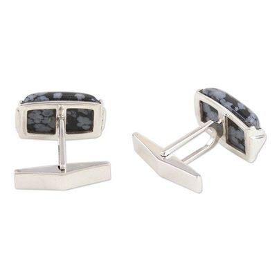Alternate image for Mens Sterling Silver and Snowflake Obsidian Cufflinks Snowflake Elegance
