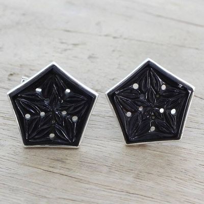 Primary image for Onyx and Sterling Silver Floral Cufflinks from India Pentagon Blossoms