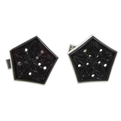 Alternate image for Onyx and Sterling Silver Floral Cufflinks from India Pentagon Blossoms