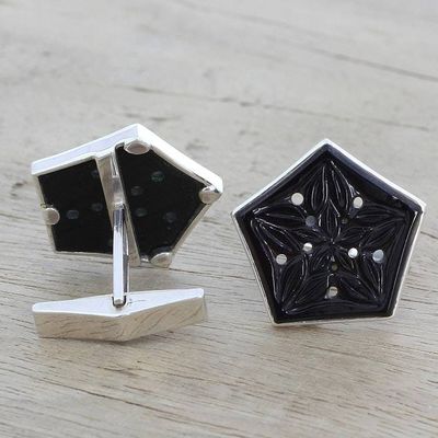 Alternate image for Onyx and Sterling Silver Floral Cufflinks from India Pentagon Blossoms