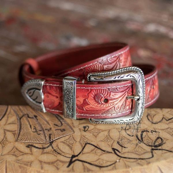 Alternate image for Red Leaf Floral Embossed Leather Belt with Antiqued Buckle Vintage Flair in Burgundy