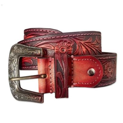 Alternate image for Red Leaf Floral Embossed Leather Belt with Antiqued Buckle Vintage Flair in Burgundy