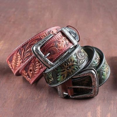 Alternate image for Red Leaf Floral Embossed Leather Belt with Antiqued Buckle Vintage Flair in Burgundy