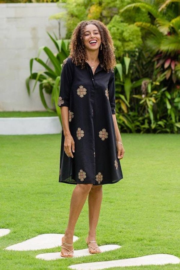 Alternate image for Block-Printed Cotton Blend Shirt Dress A Stitch in Time in Black