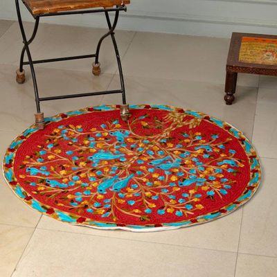 Primary image for Bird Floral Wool Chain-Stitch Area Rug 0.5 Feet Diameter Abode of Birds II