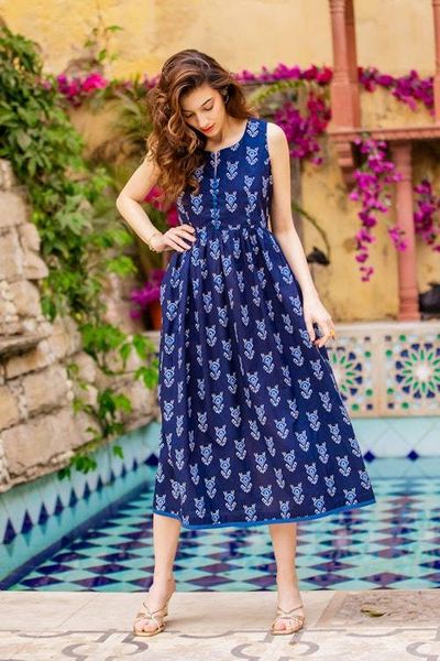 Alternate image for Patterned Blue and Midnight Cotton A-Line Dress Midnight Duchess