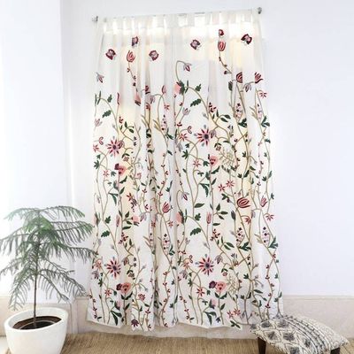 Primary image for 2 Floral Embroidered Cotton Curtains Handmade in India Kashmir Bloom