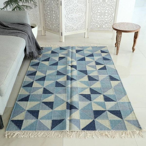 Alternate image for Blue Wool Area Rug with Cotton Warp 4 x 6 Blue Triangle