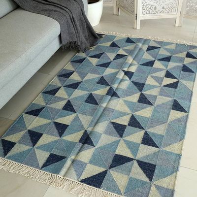 Alternate image for Blue Wool Area Rug with Cotton Warp 4 x 6 Blue Triangle