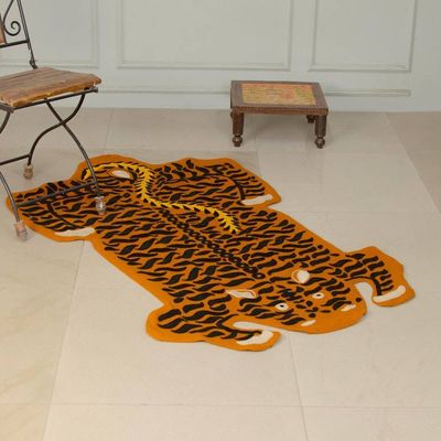 Primary image for Hand-Chain Stitched Wool Area Rug with Tiger Motif in Orange Mighty Tiger