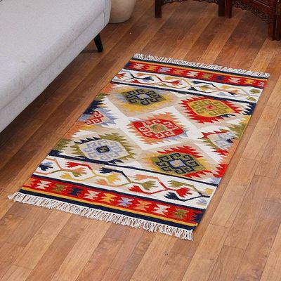 Alternate image for Classic Diamond-Patterned Colorful Wool Rug from India Palace Diamonds