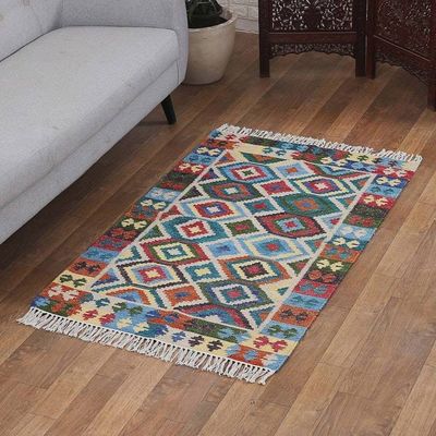 Primary image for Handloomed Geometric-Patterned Blue Wool Area Rug 3x5 Oceanic Diamonds