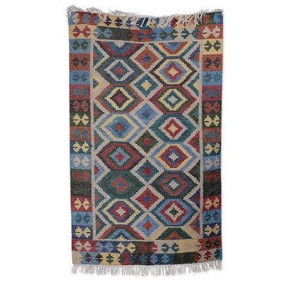 Alternate image for Handloomed Geometric-Patterned Blue Wool Area Rug 3x5 Oceanic Diamonds